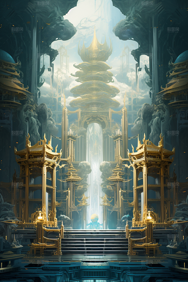 金色神话建筑梦幻古风原画