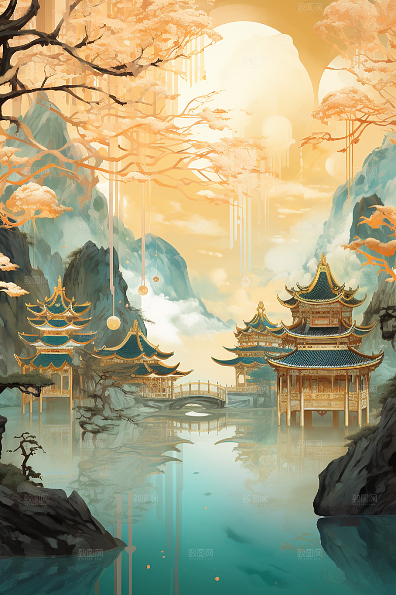 金色神话建筑高清中国传统风格原画