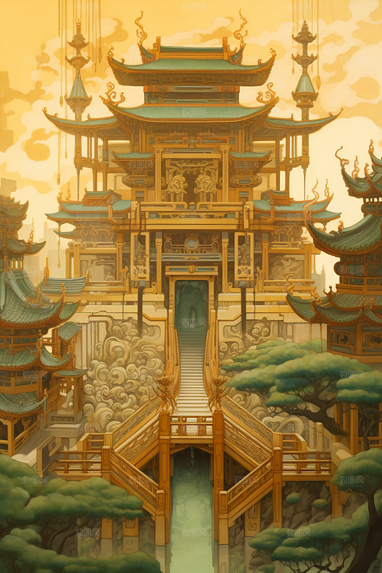 金色神话建筑高清国潮原画