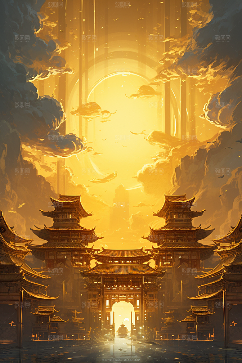 金色神话建筑国潮中国传统风格原画