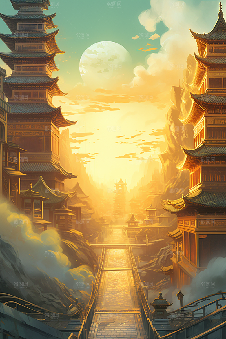 金色神话建筑古风游戏原画