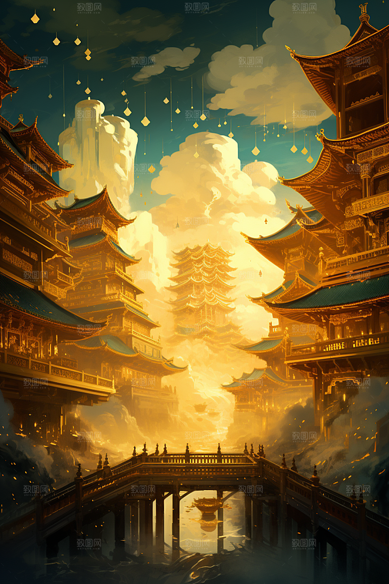 金色神话建筑梦幻国潮原画
