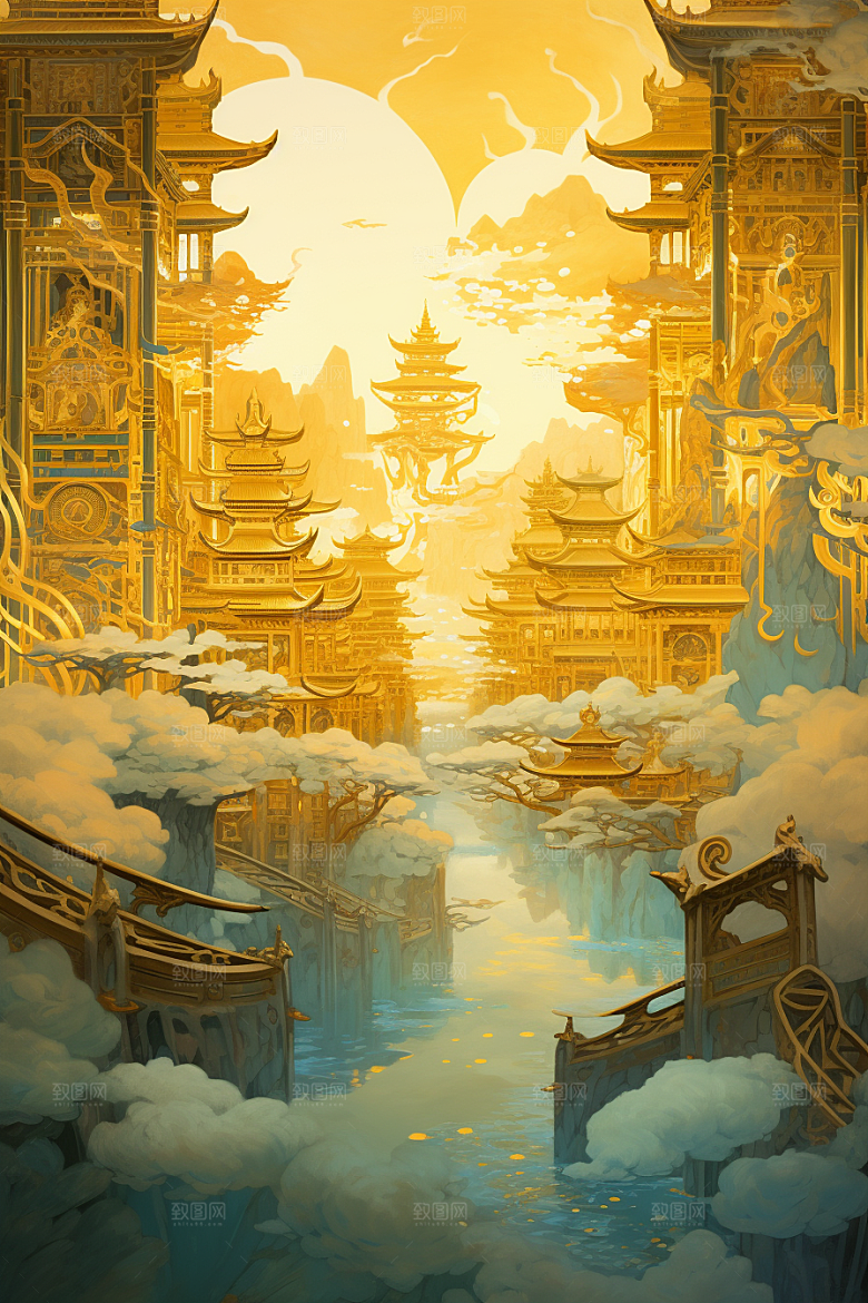 金色神话建筑梦幻中国传统风格原画