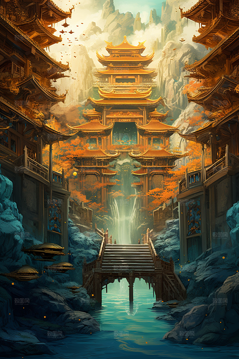 金色神话建筑高清神仙洞府原画