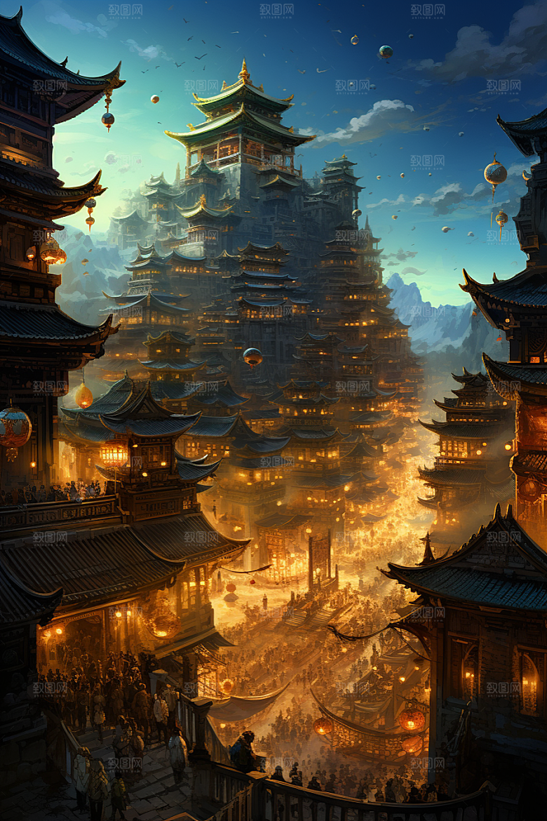 金色神话建筑神仙洞府国潮原画