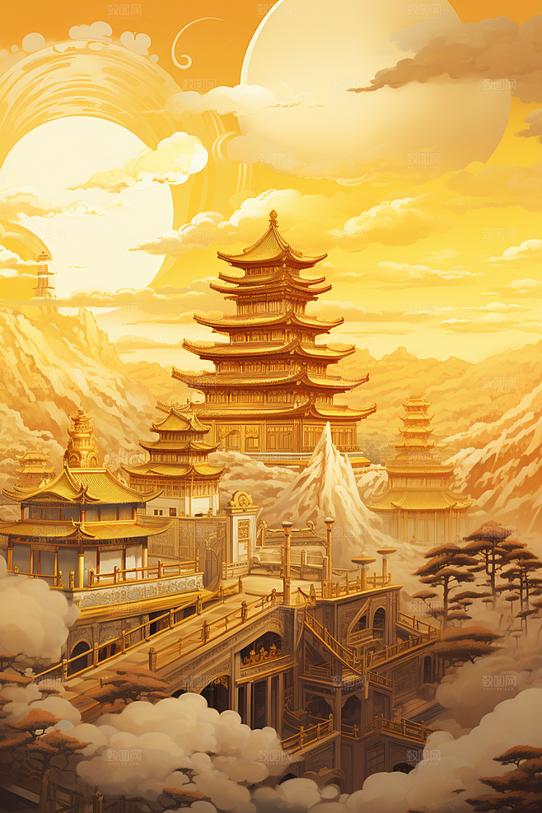 金色神话建筑梦幻中国传统风格原画