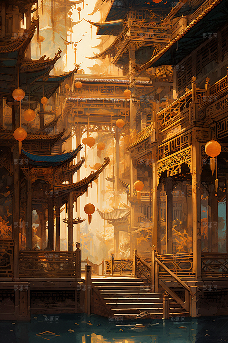 金色神话建筑国潮中国传统风格原画