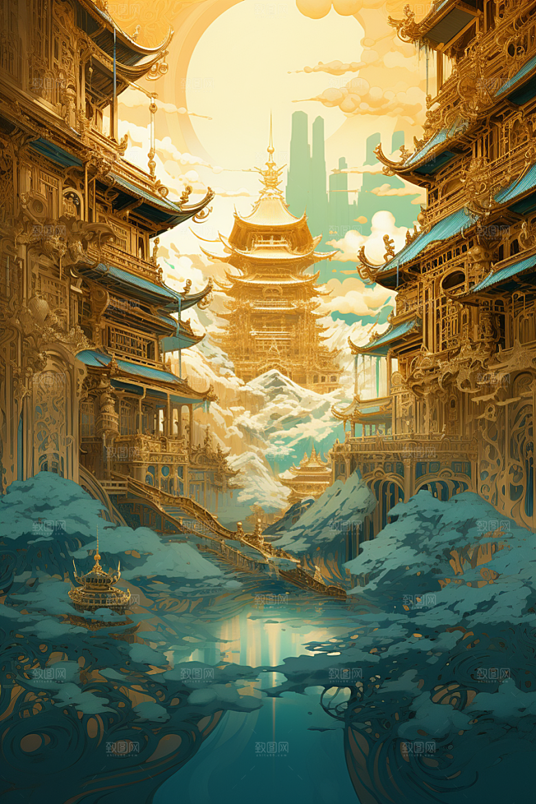 金色神话建筑国潮中国传统风格原画