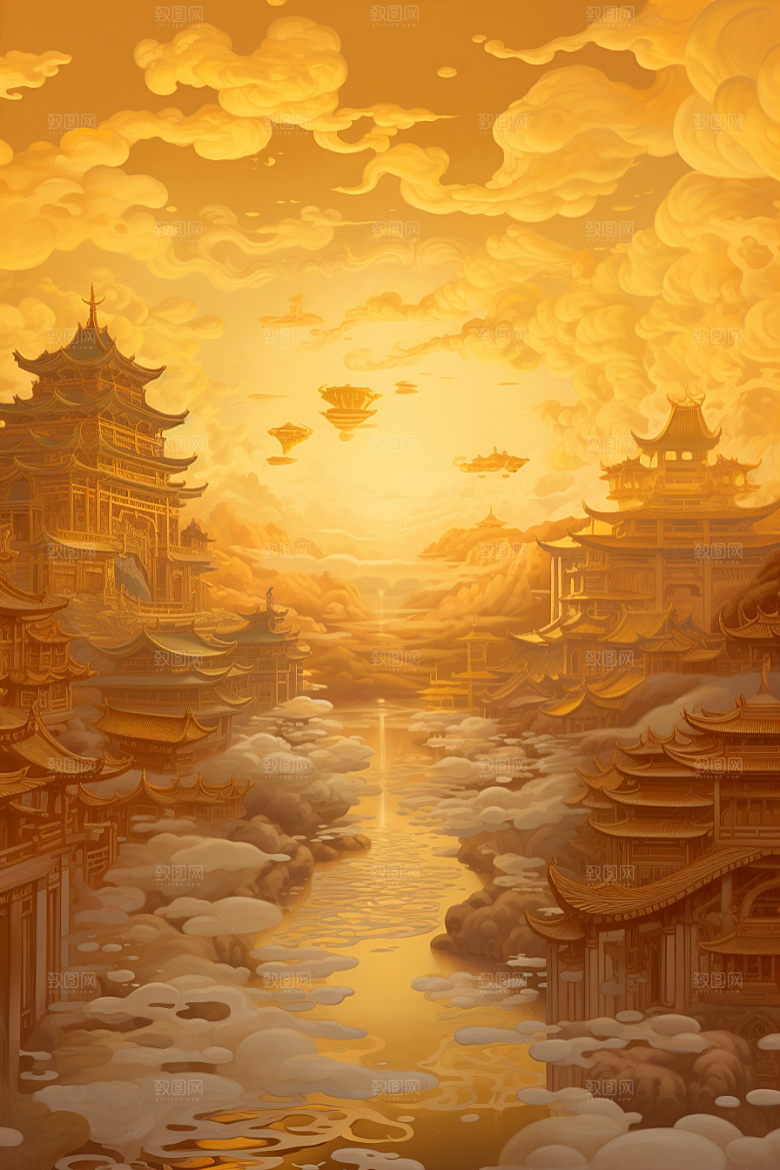 金色神话建筑中国传统风格梦幻原画