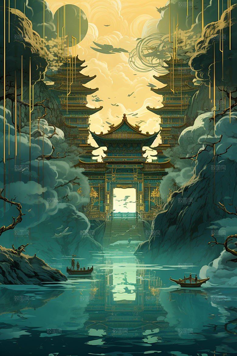 金色神话建筑游戏梦幻原画