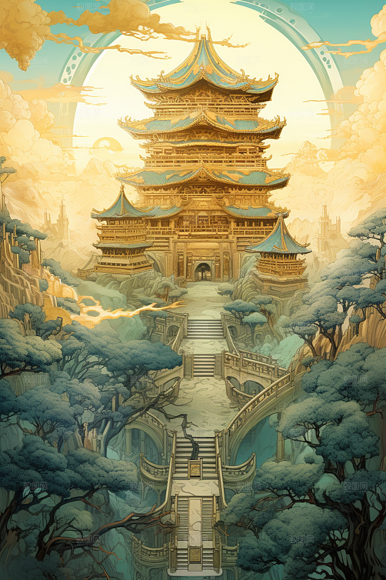 金色神话建筑中国传统风格游戏原画