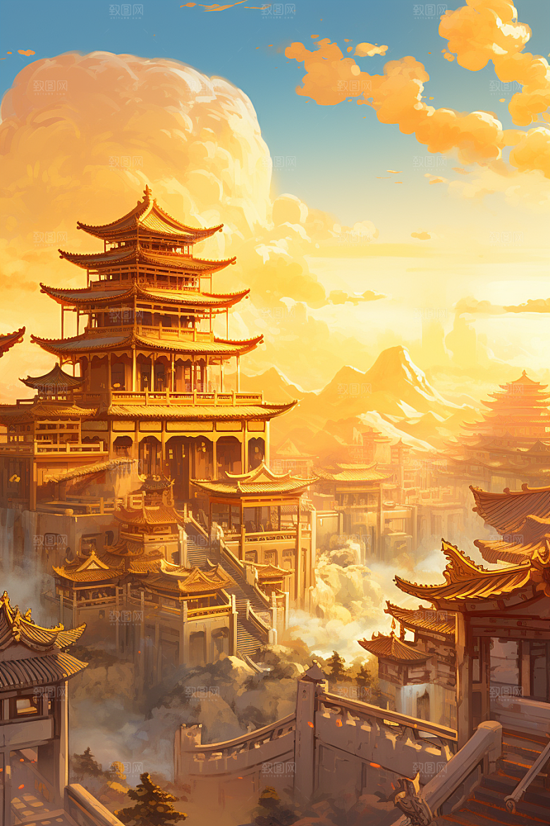 金色神话建筑国潮中国传统风格原画