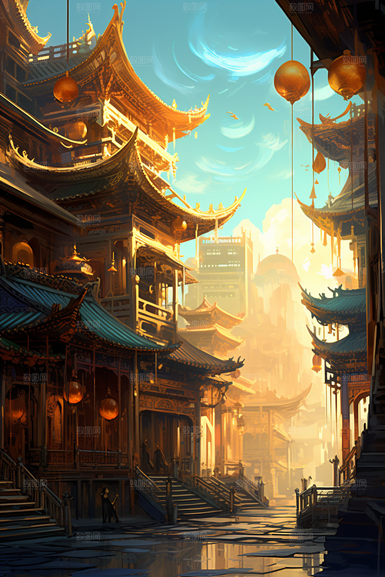 金色神话建筑中国传统风格古风原画