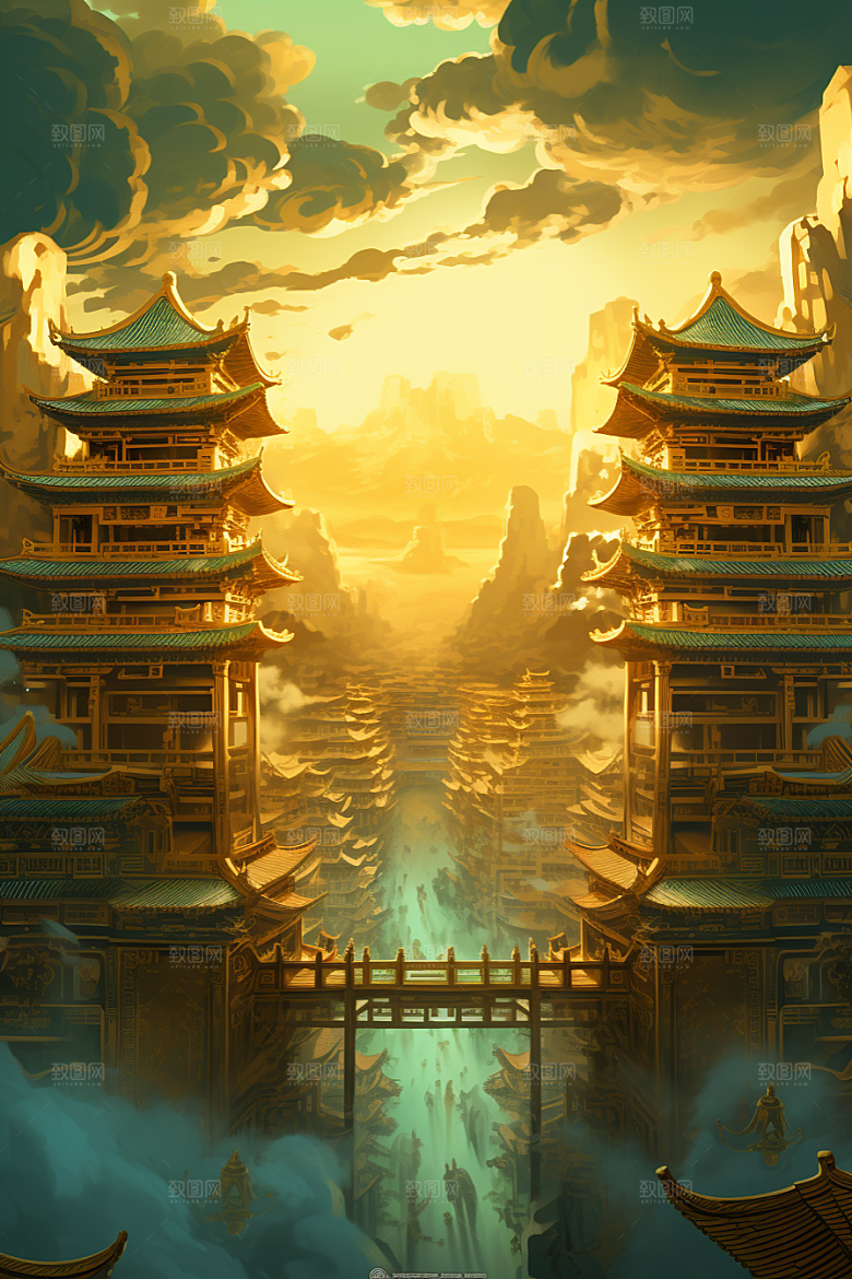 金色神话建筑梦幻国潮原画