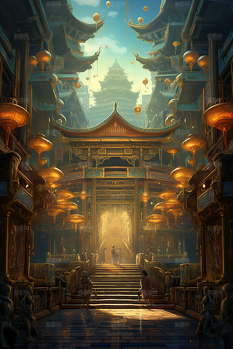 金色神话建筑古风梦幻原画