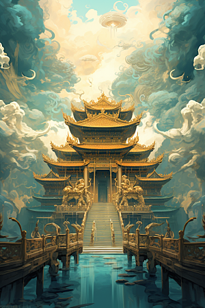 金色神话建筑中国传统风格国潮原画