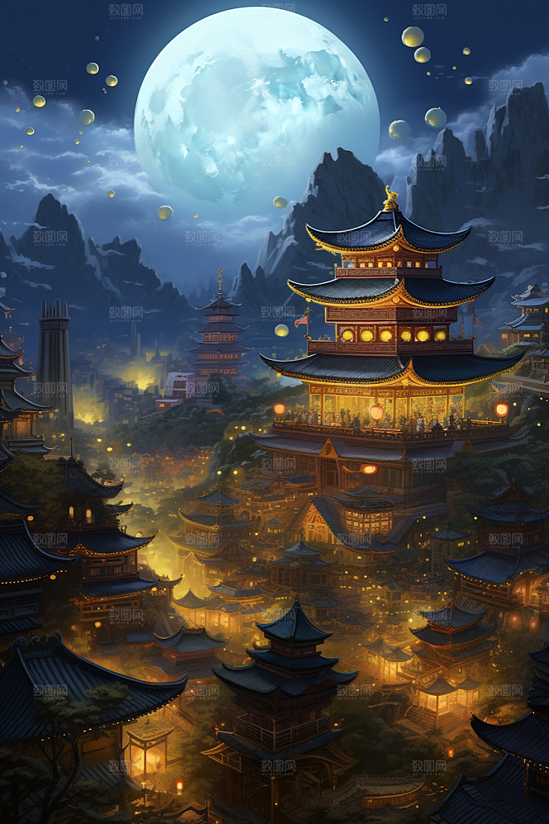 金色神话建筑中国传统风格古风原画