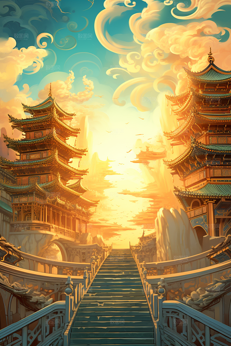金色神话建筑天宫古风原画