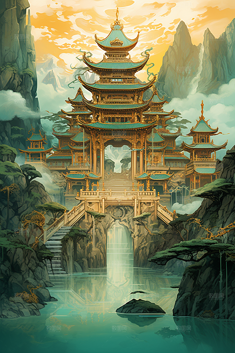 金色神话建筑梦幻古风原画