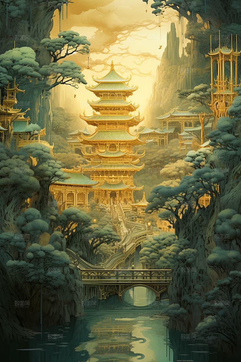 金色神话建筑梦幻中国传统风格原画