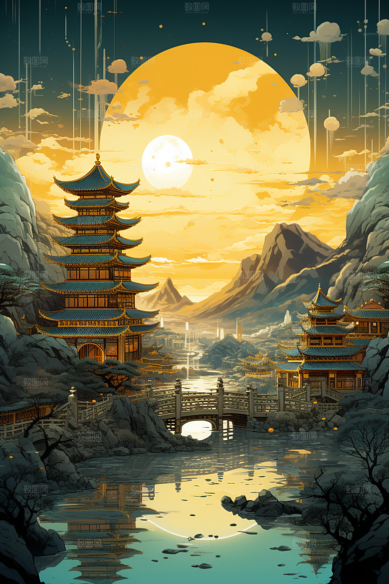 金色神话建筑古风游戏原画