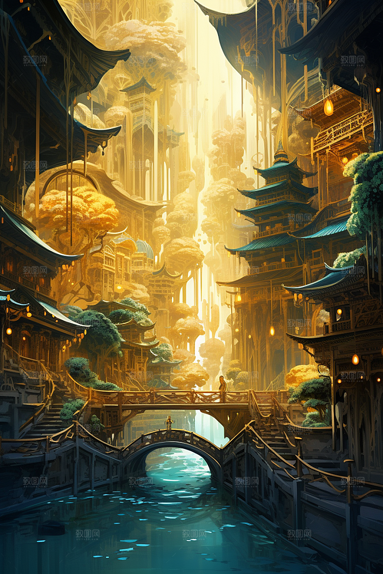 金色神话建筑梦幻中国传统风格原画