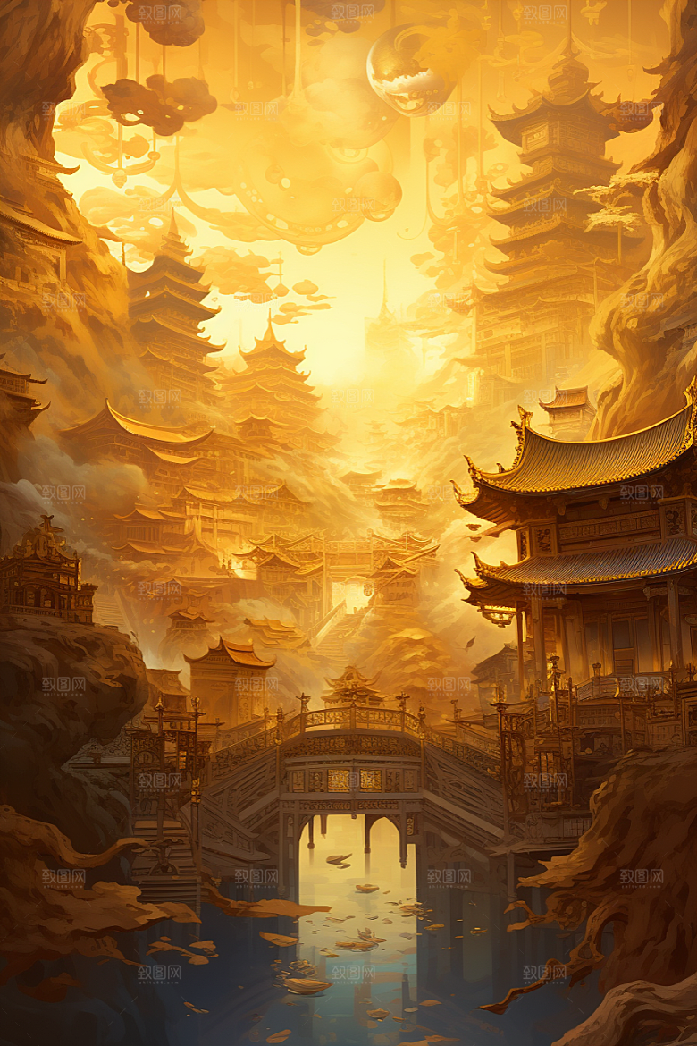 金色神话建筑中国传统风格古风原画