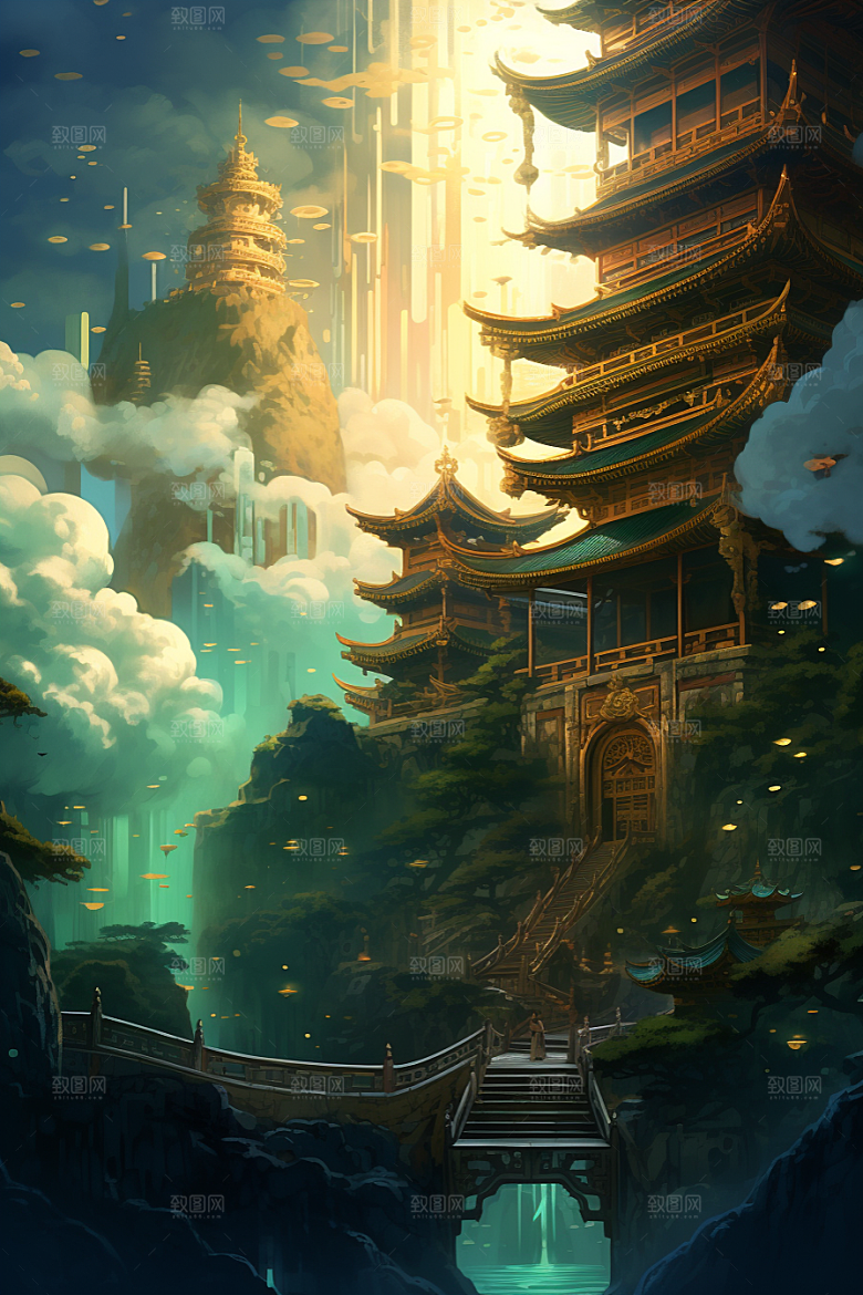 金色神话建筑神仙洞府游戏原画