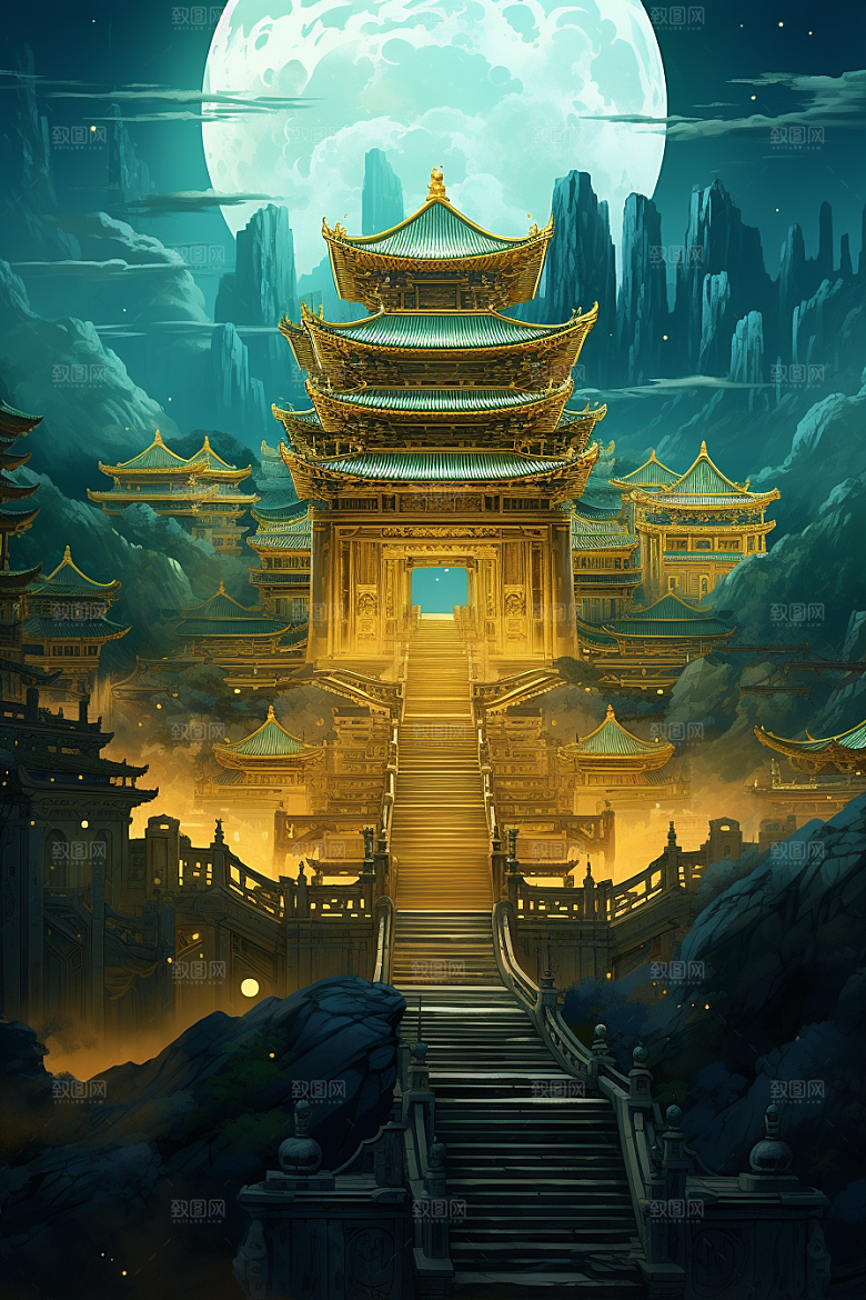 金色神话建筑国潮中国传统风格原画