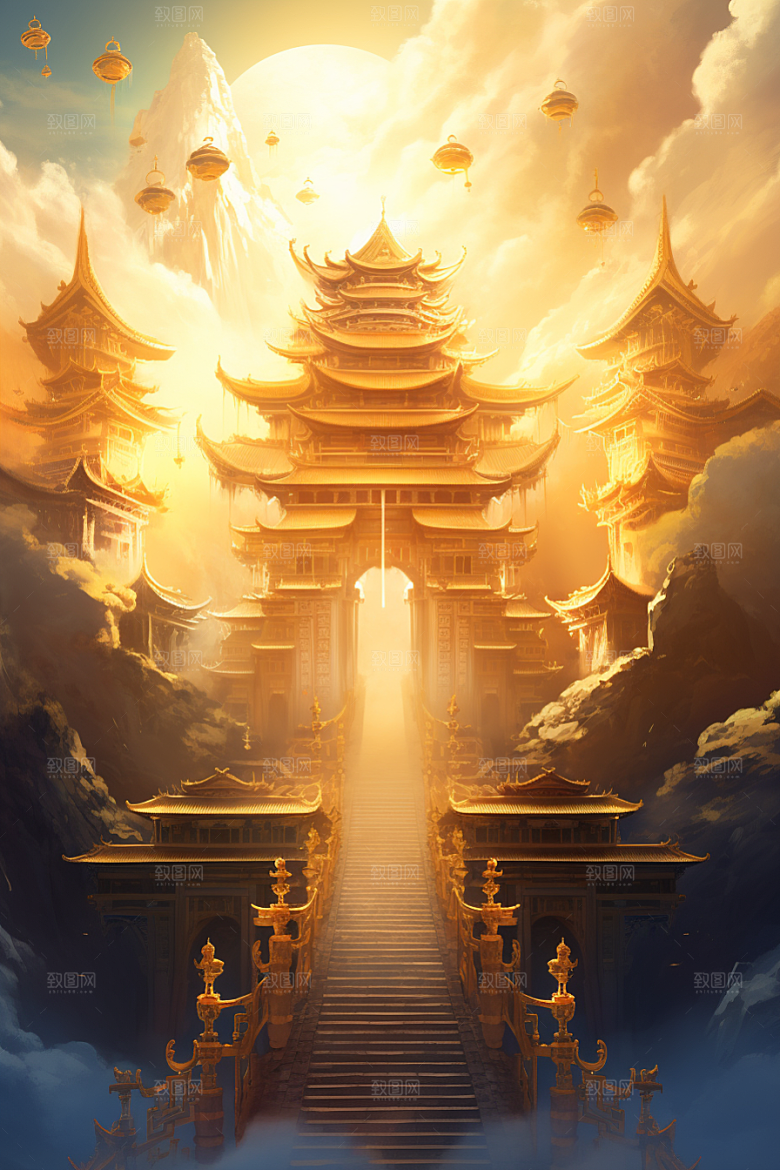 金色神话建筑天宫古风原画
