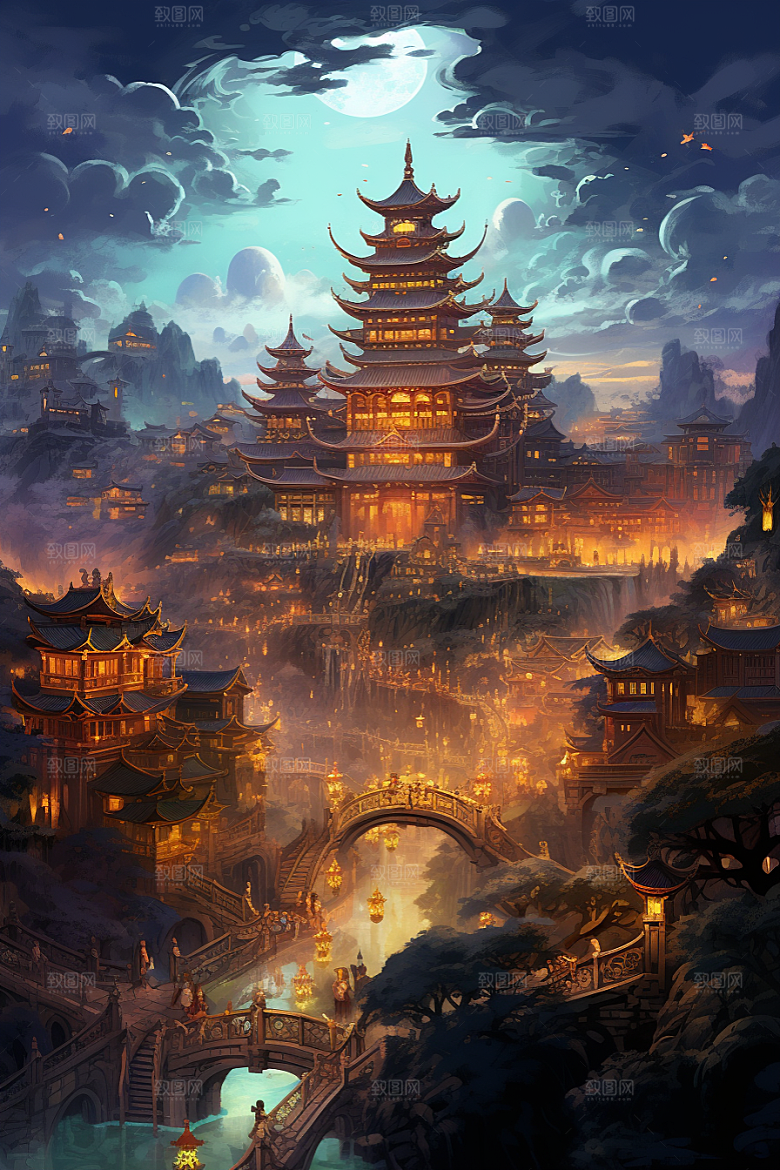 金色神话建筑神仙洞府天宫原画