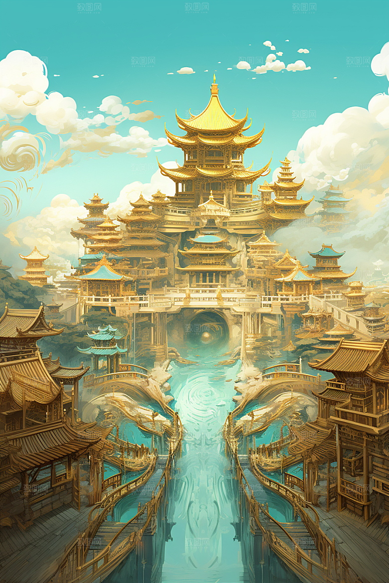 金色神话建筑神仙洞府游戏原画