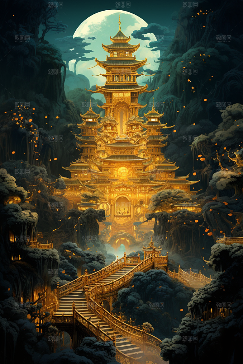 金色神话建筑天宫神仙洞府原画