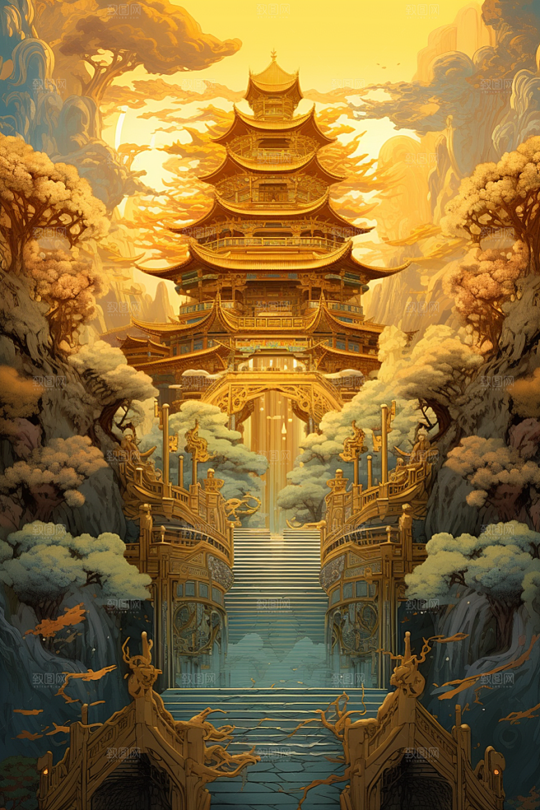 金色神话建筑古风天宫原画