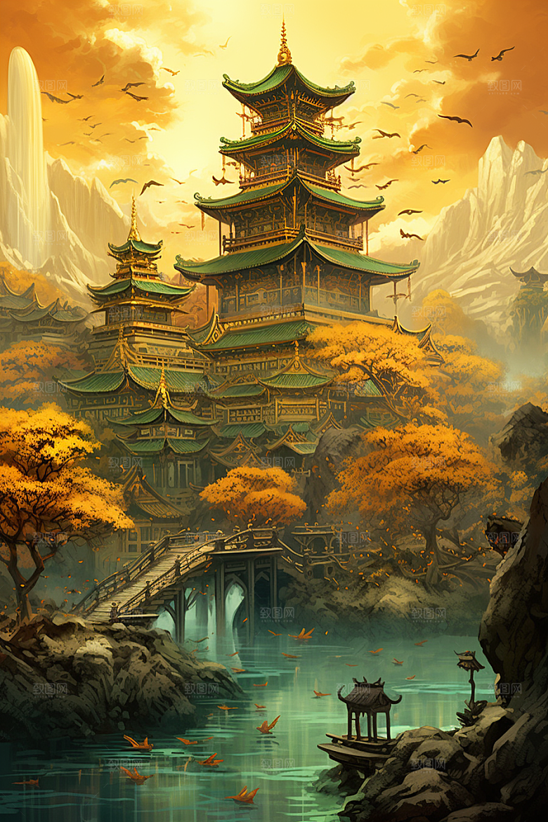 金色神话建筑神仙洞府梦幻原画