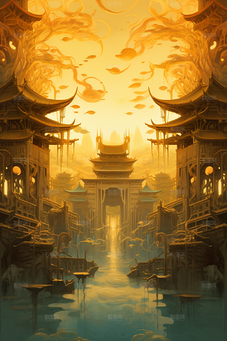 金色神话建筑古风中国传统风格原画