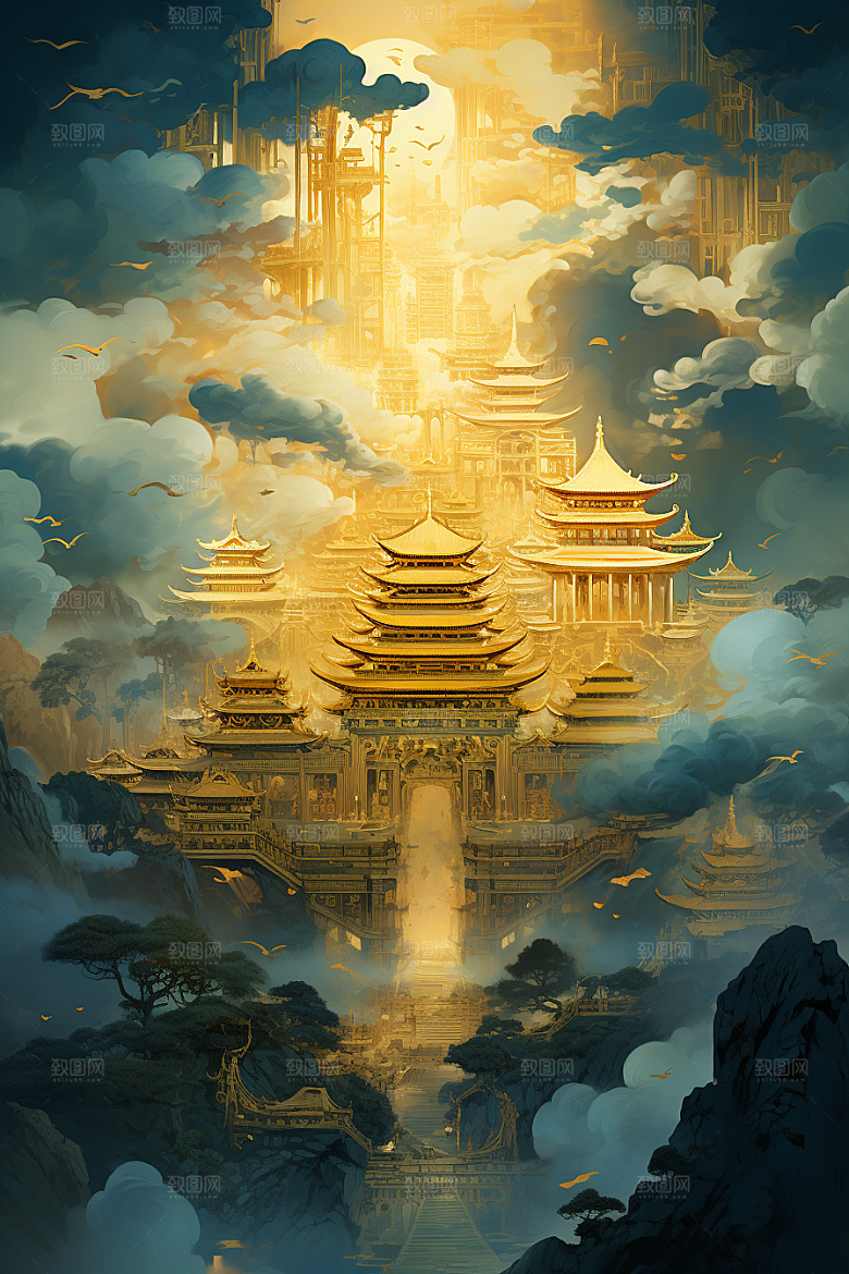金色神话建筑中国传统风格梦幻原画