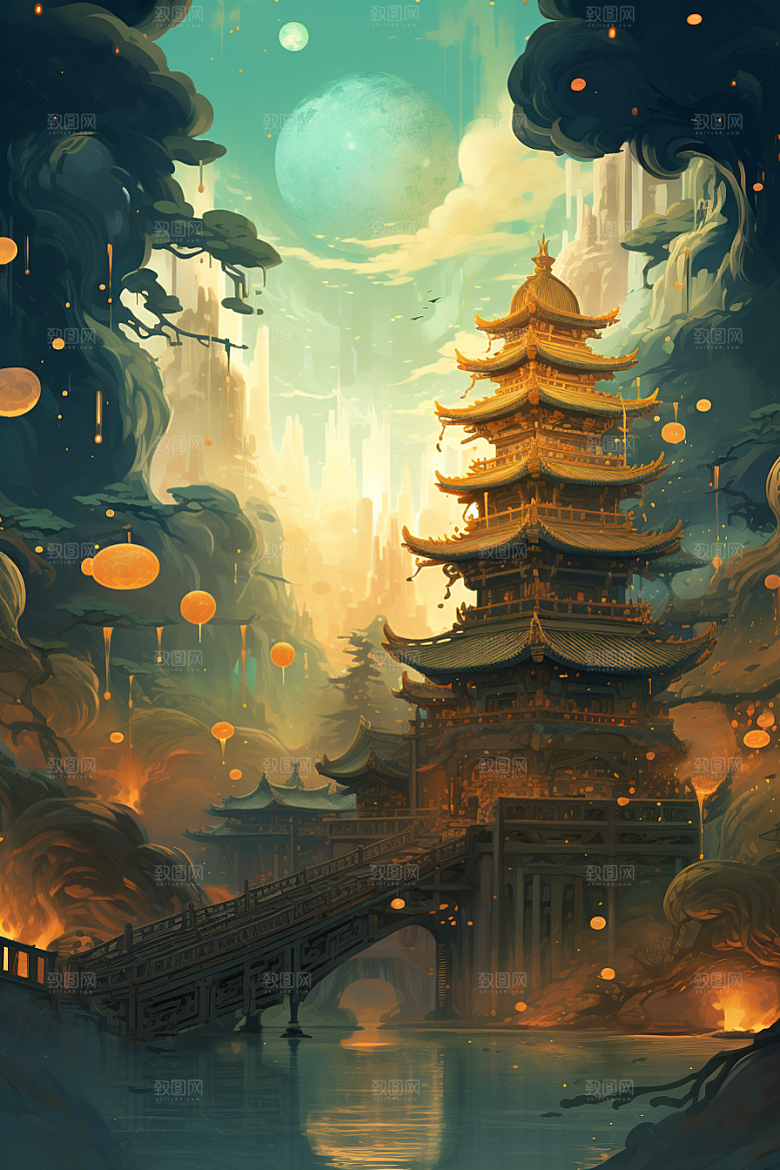 金色神话建筑古风中国传统风格原画