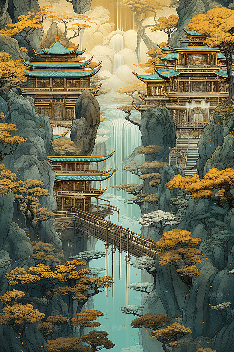 金色神话建筑中国传统风格神仙洞府原画