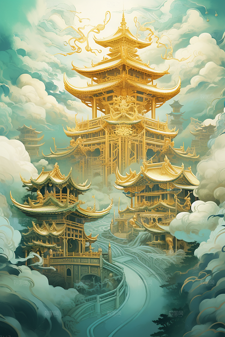 金色神话建筑中国传统风格古风原画