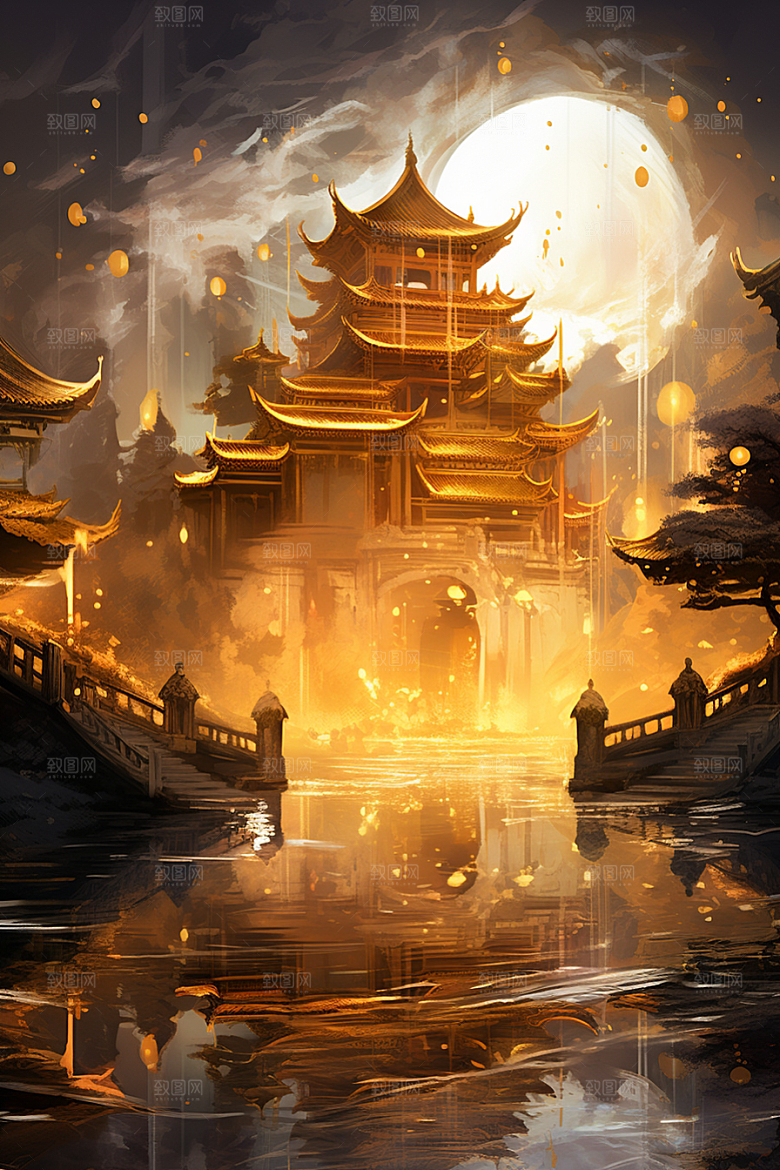 金色神话建筑中国传统风格古风原画