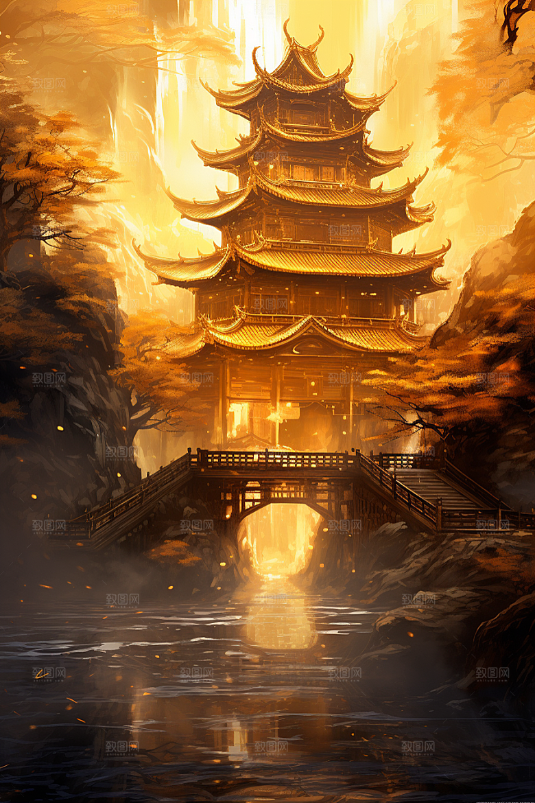 金色神话建筑梦幻古风原画