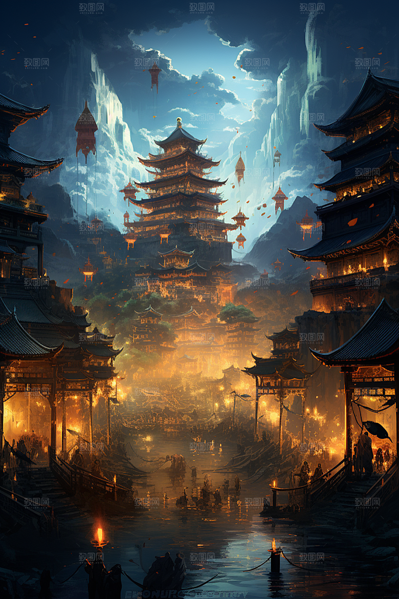 金色神话建筑中国传统风格国潮原画