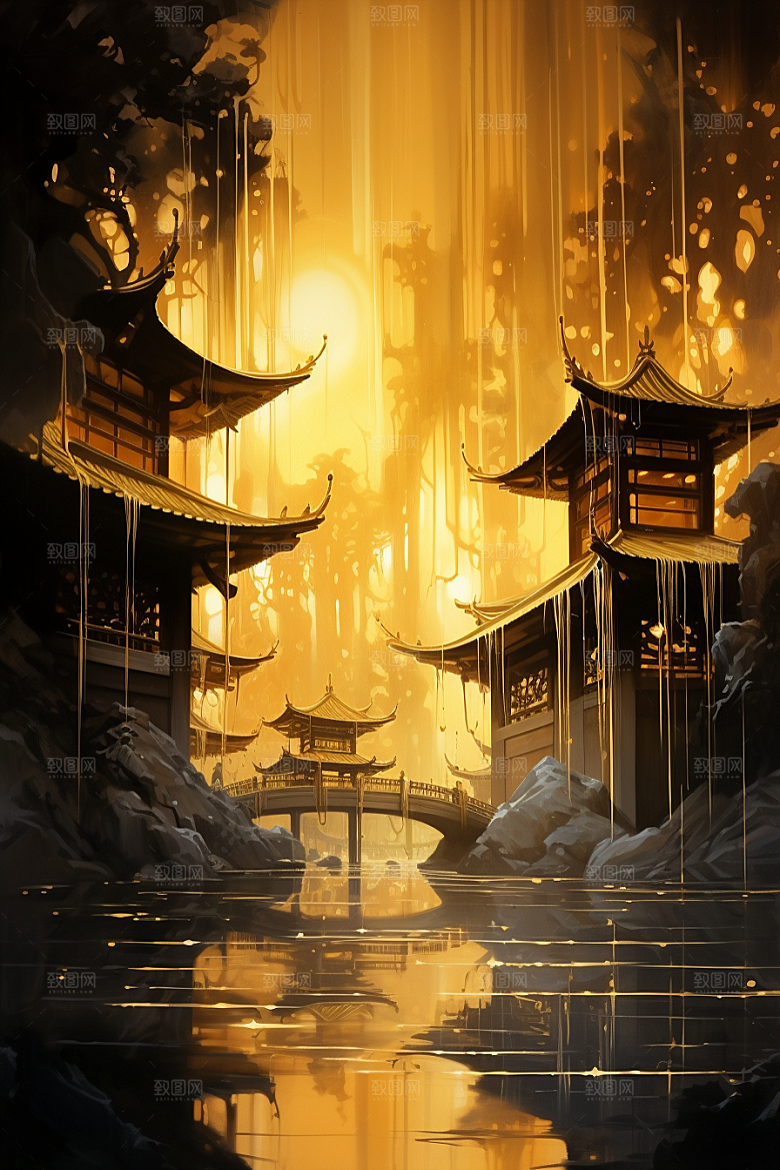 金色神话建筑古风国潮原画