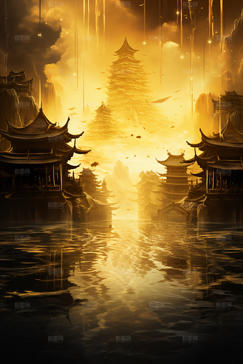 金色神话建筑梦幻中国传统风格原画
