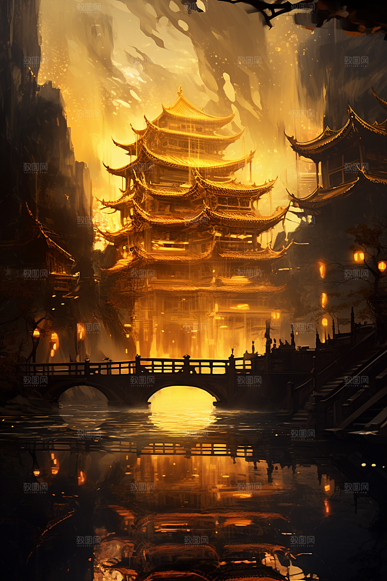 金色神话建筑古风游戏原画