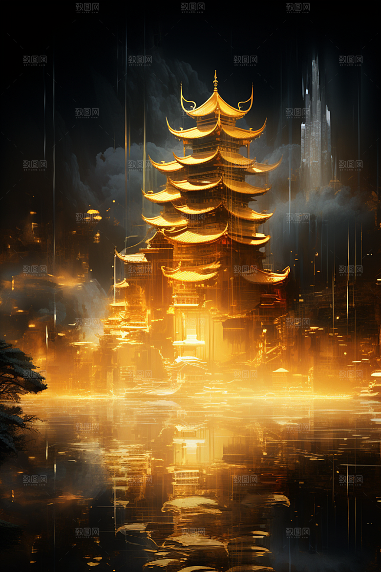金色神话建筑国潮神仙洞府原画