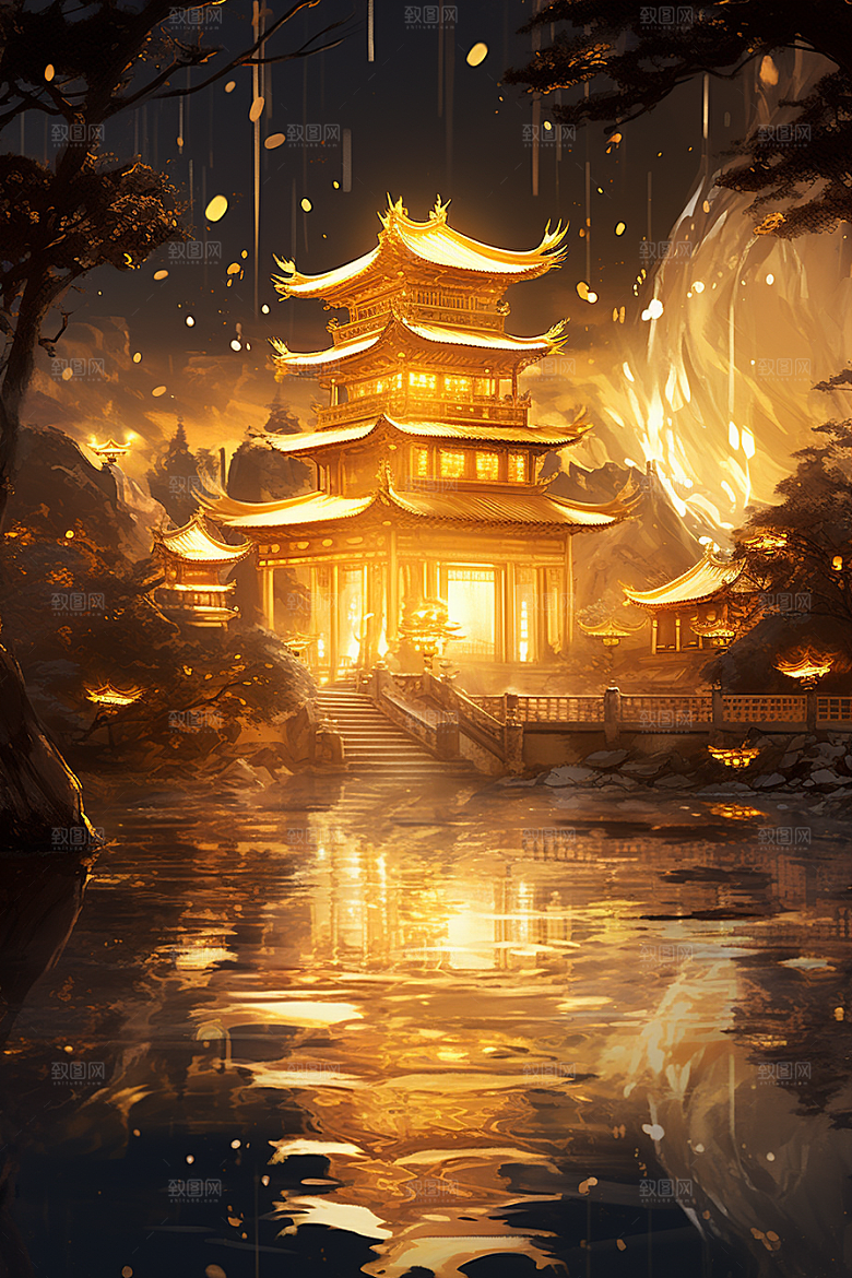 金色神话建筑梦幻古风原画