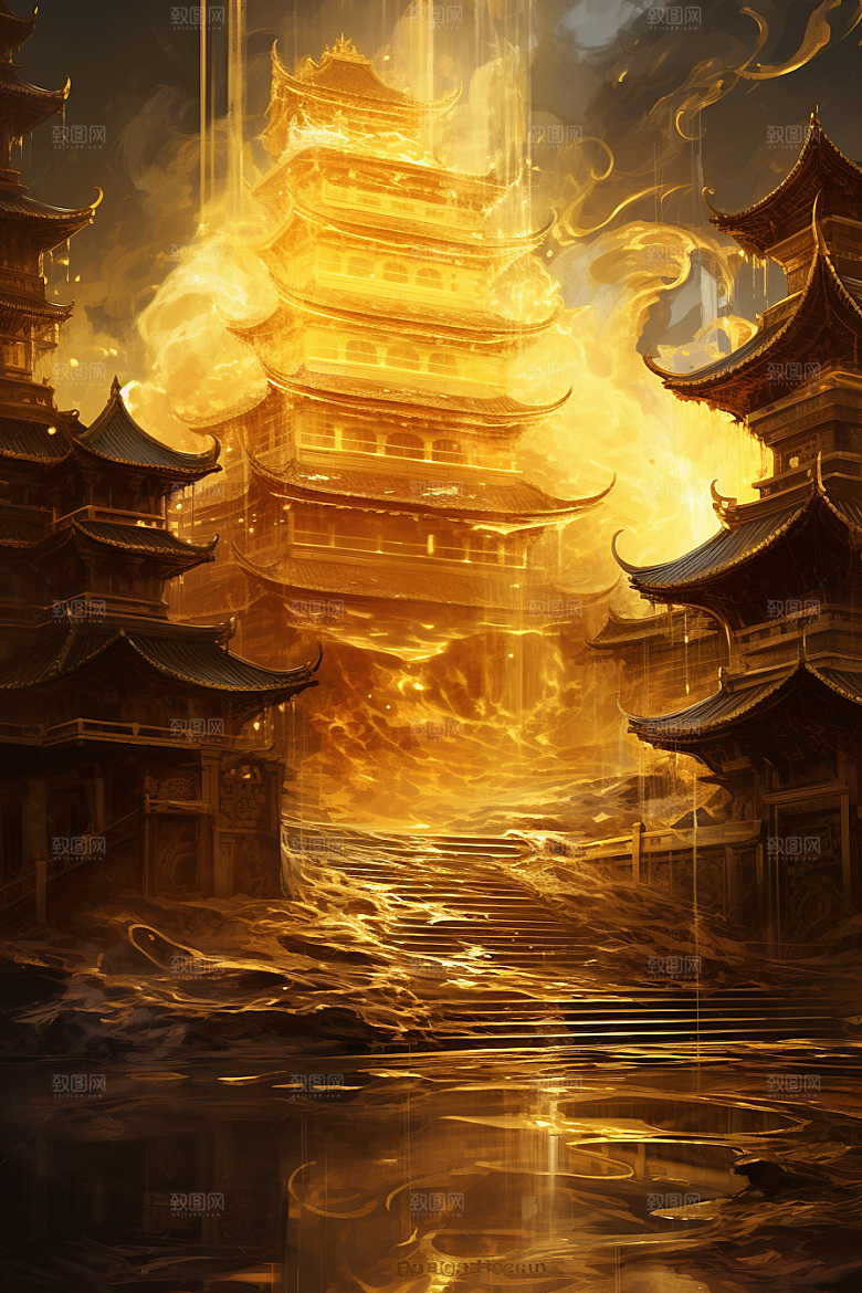 金色神话建筑神仙洞府中国传统风格原画