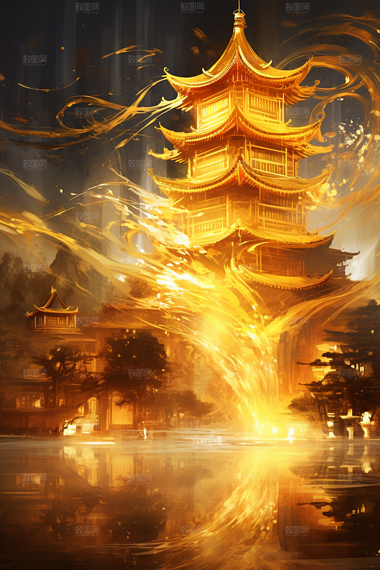 金色神话建筑古风梦幻原画